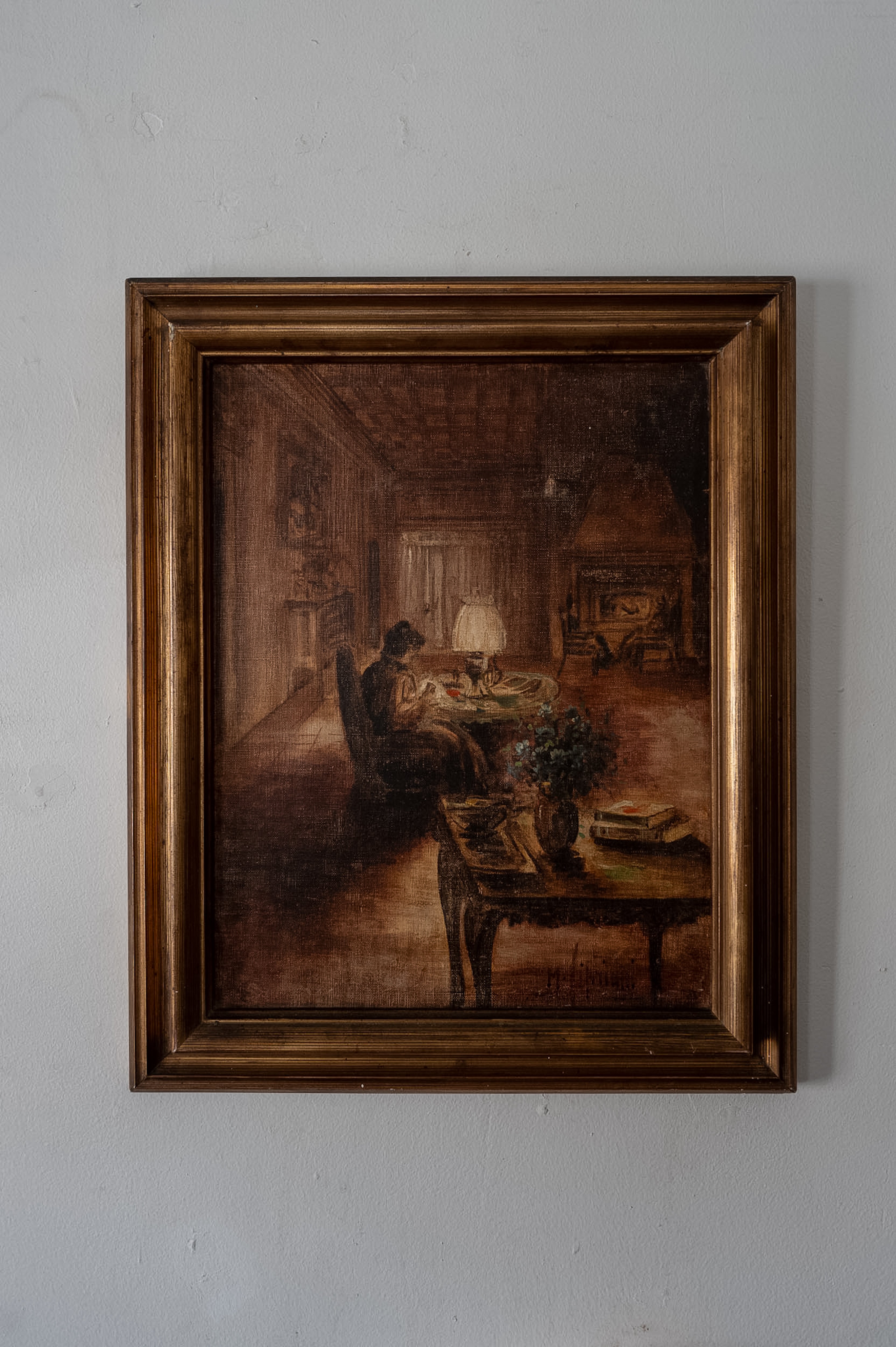 【油絵】イタリア田園風景 サイン入り（作者不明・アンティーク風額縁付き） 真作】絵画 風景画